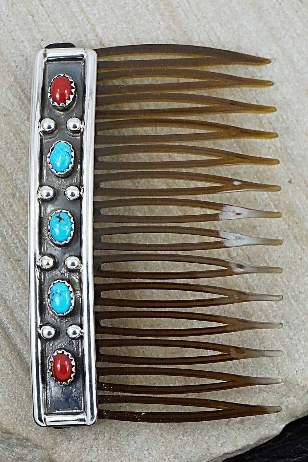 Turquoise, Coral & Sterling Silver Hair Combs - Paul Largo