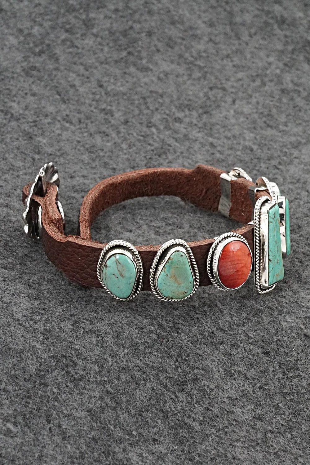 Turquoise, Spiny Oyster, Sterling Silver & Leather Bracelet - Marlene Ramone