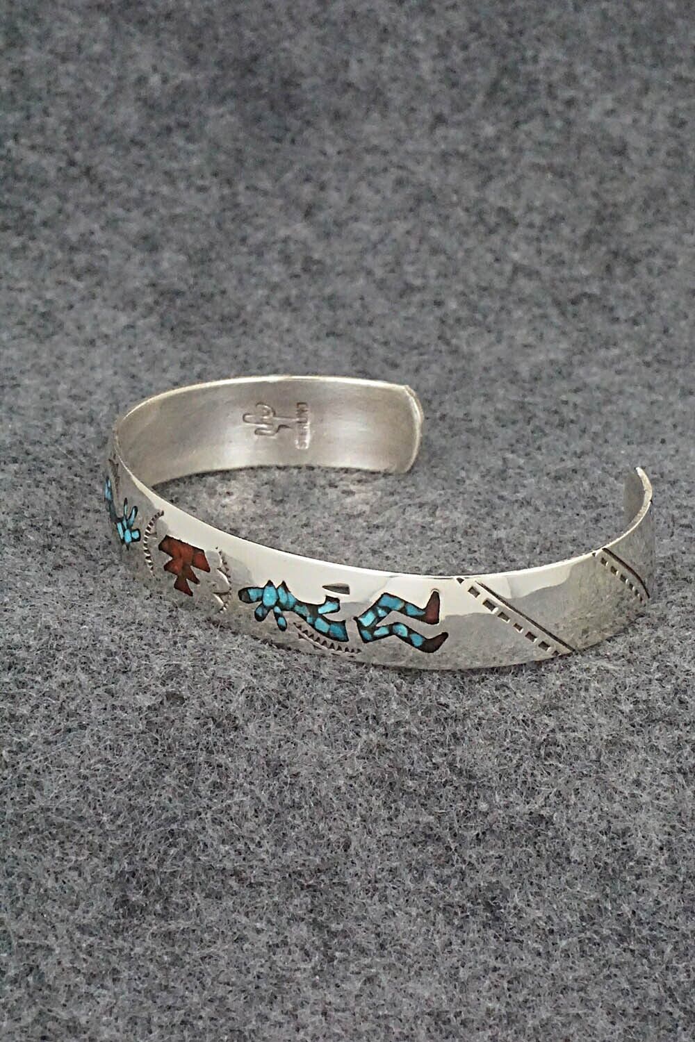 Turquoise, Coral Chip Inlay & Sterling Silver Bracelet - Joleen Yazzie