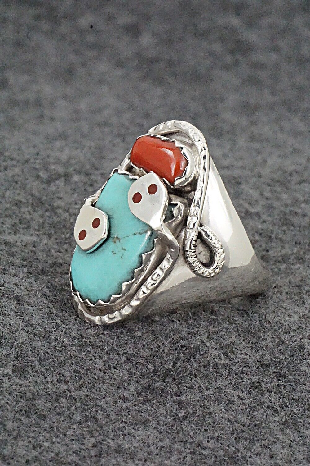 Turquoise, Coral & Sterling Silver Ring - Joy Calavaza - Size 11.25