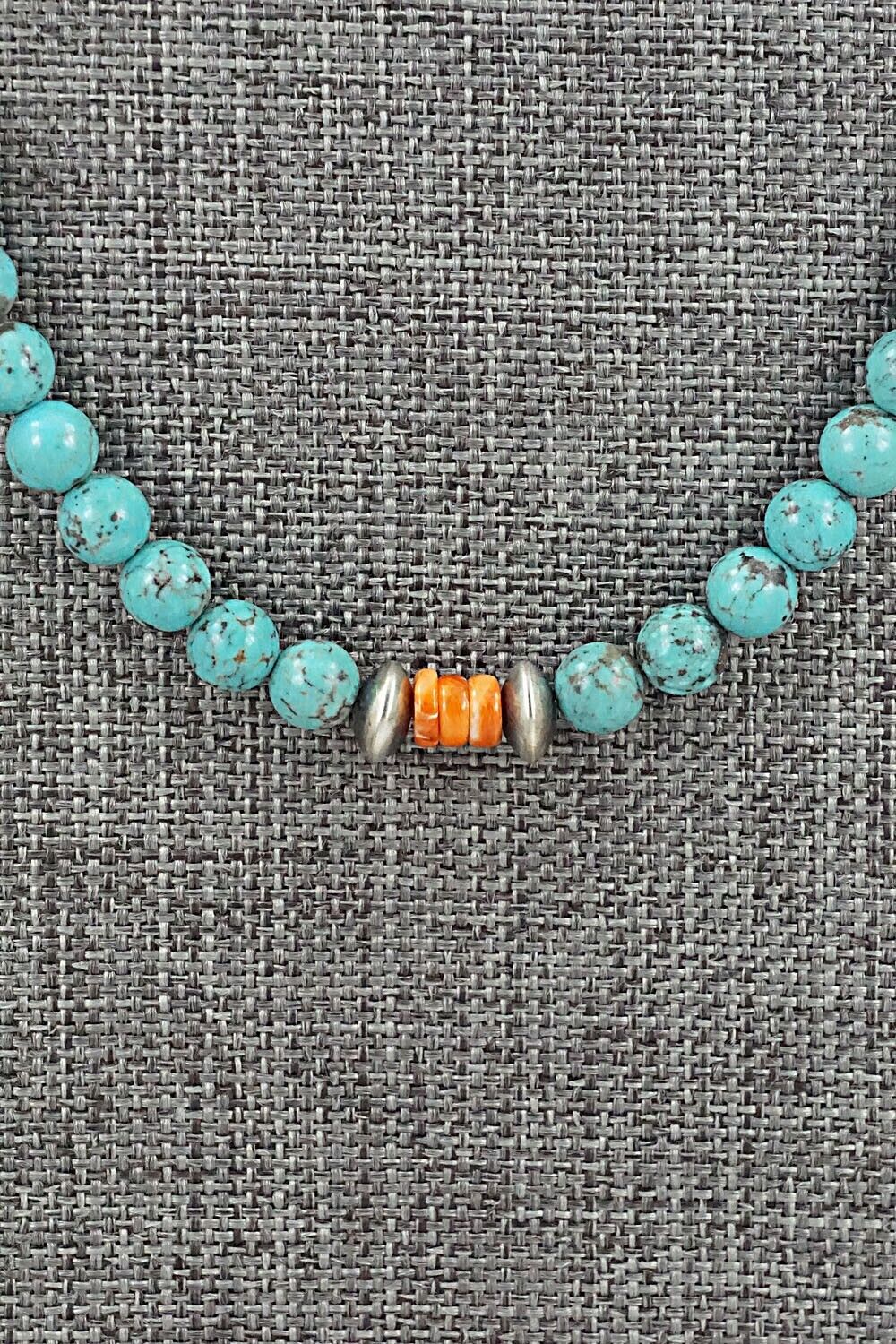 Turquoise, Spiny Oyster & Sterling Silver Necklace 20" - Doreen Jake