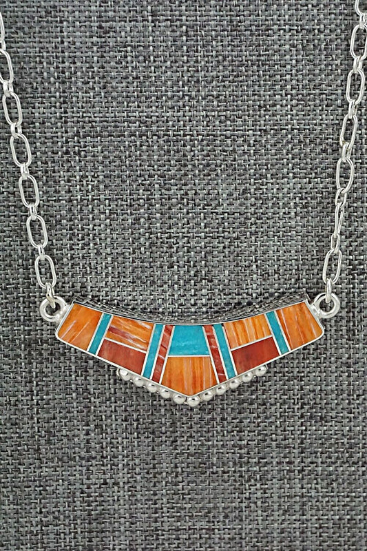 Turquoise, Spiny Oyster & Sterling Silver Inlay Necklace - Curtis Manygoats