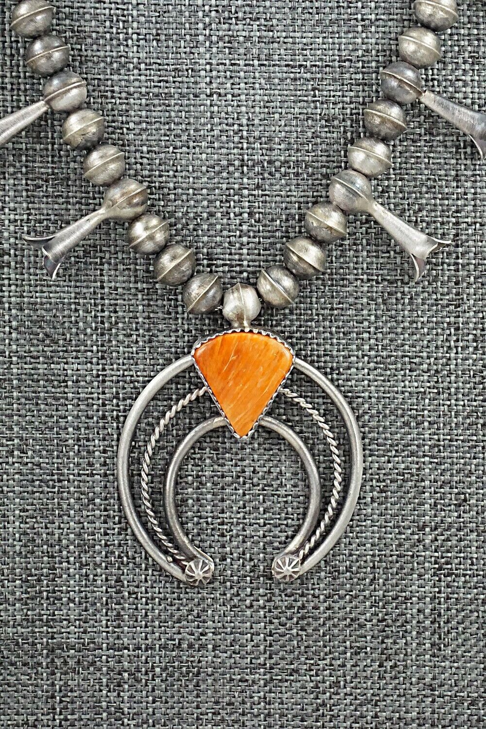 Spiny Oyster & Sterling Silver Squash Blossom Necklace - Phil Garcia