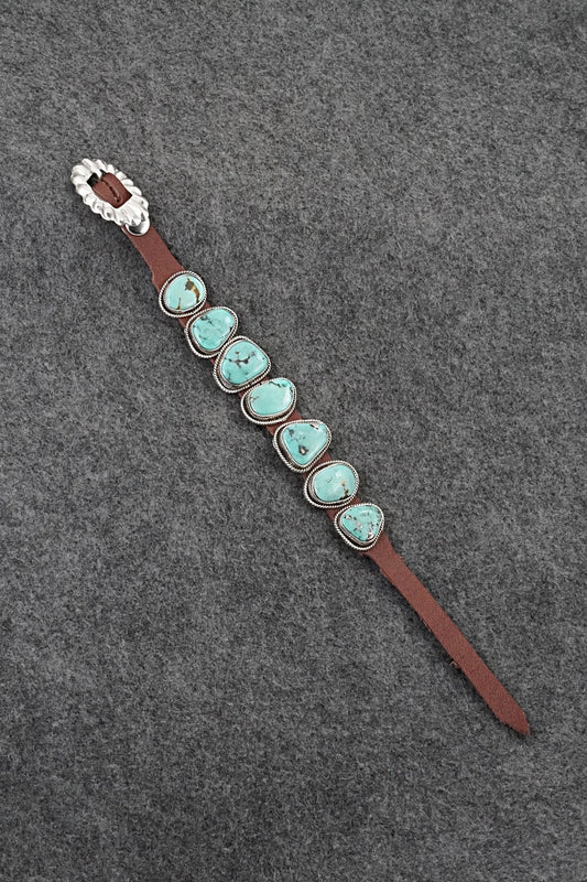 Turquoise, Sterling Silver & Leather Bracelet - Marlene Ramone