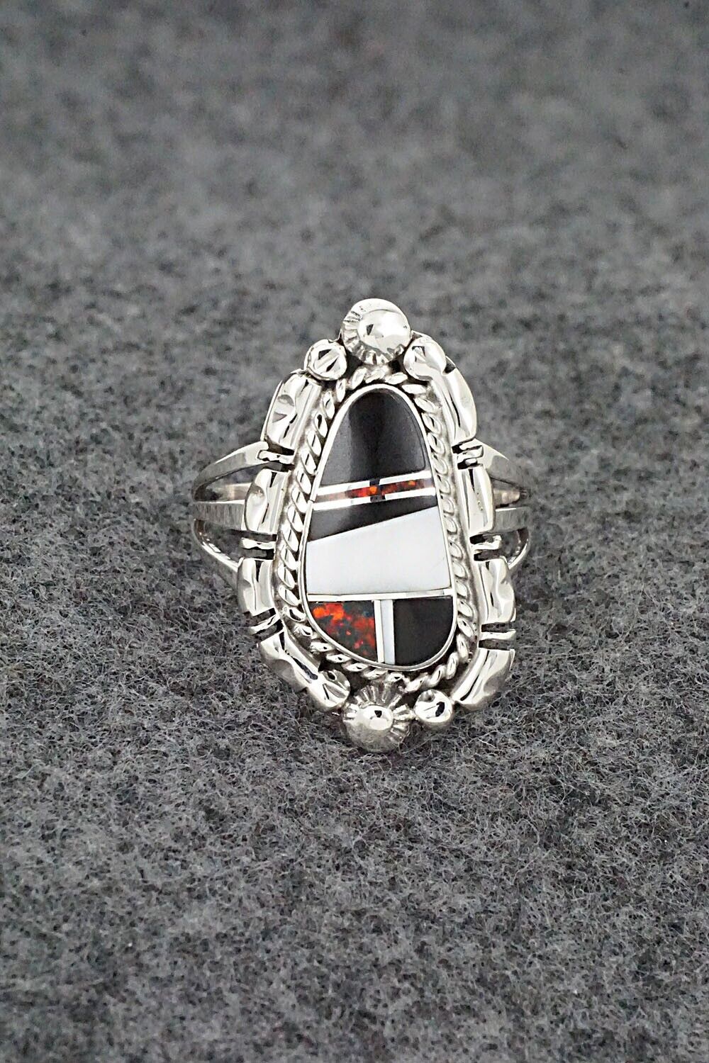 White Buffalo, Onyx, Opalite & Sterling Silver Ring - James Manygoats - Size 8