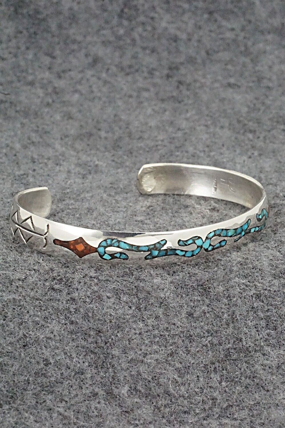 Turquoise, Coral & Sterling Silver Inlay Bracelet - Jolene Yazzie
