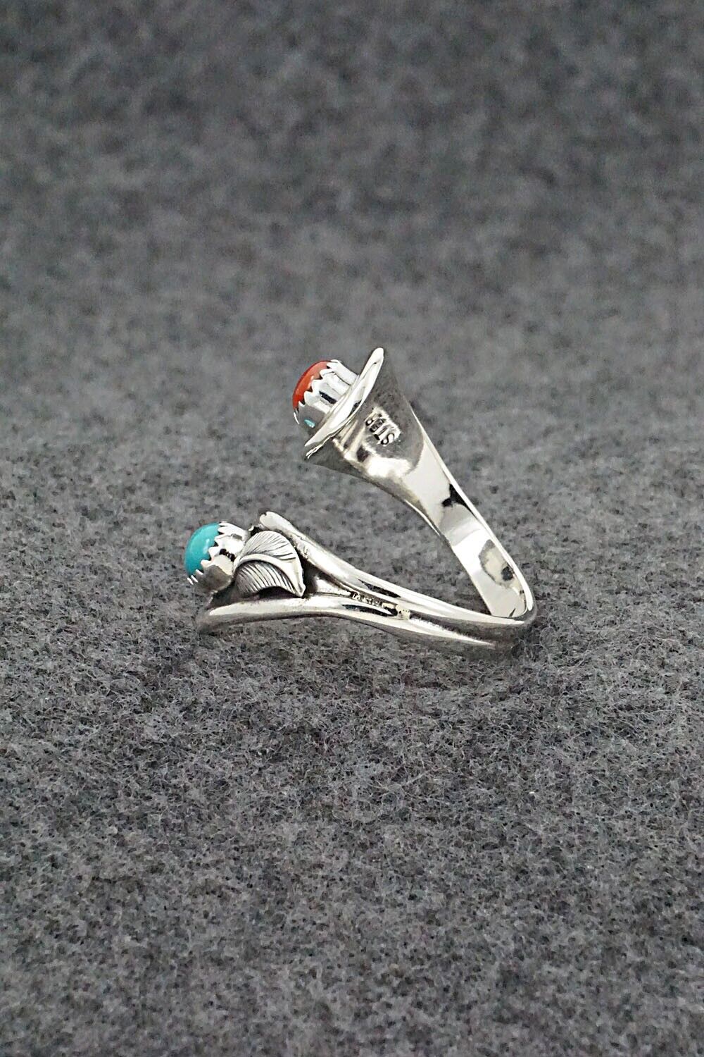 Turquoise, Coral & Sterling Silver Ring - Angela Platero - Size 10