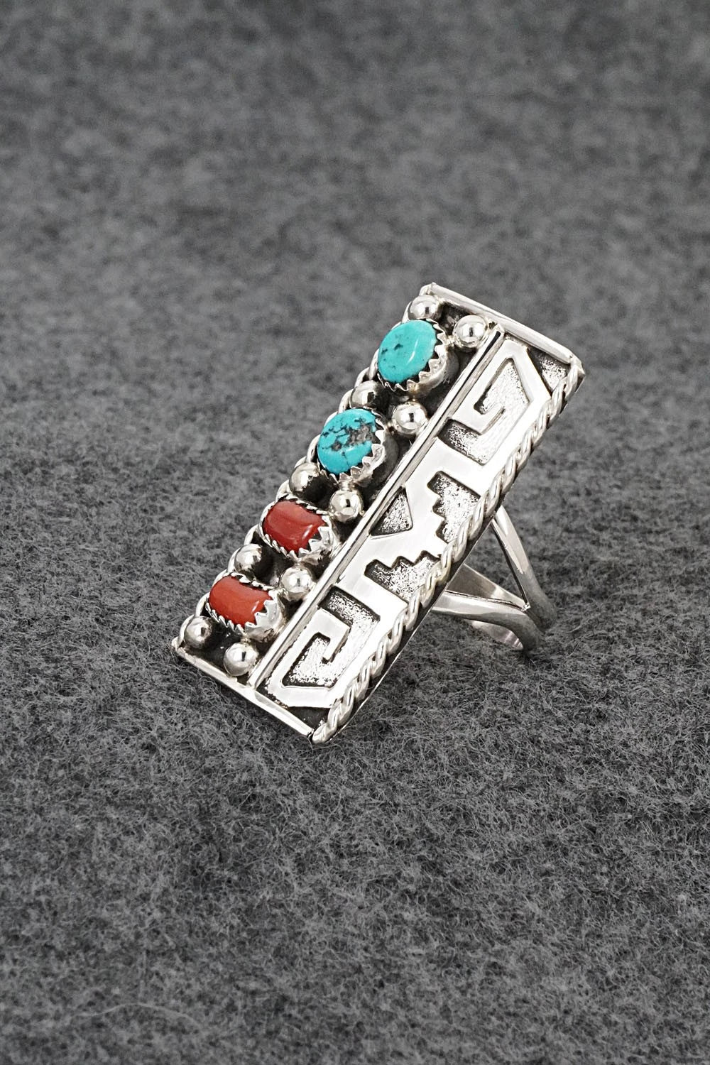 Turquoise, Coral & Sterling Silver Ring - Ronnie Spencer - Size 8.5