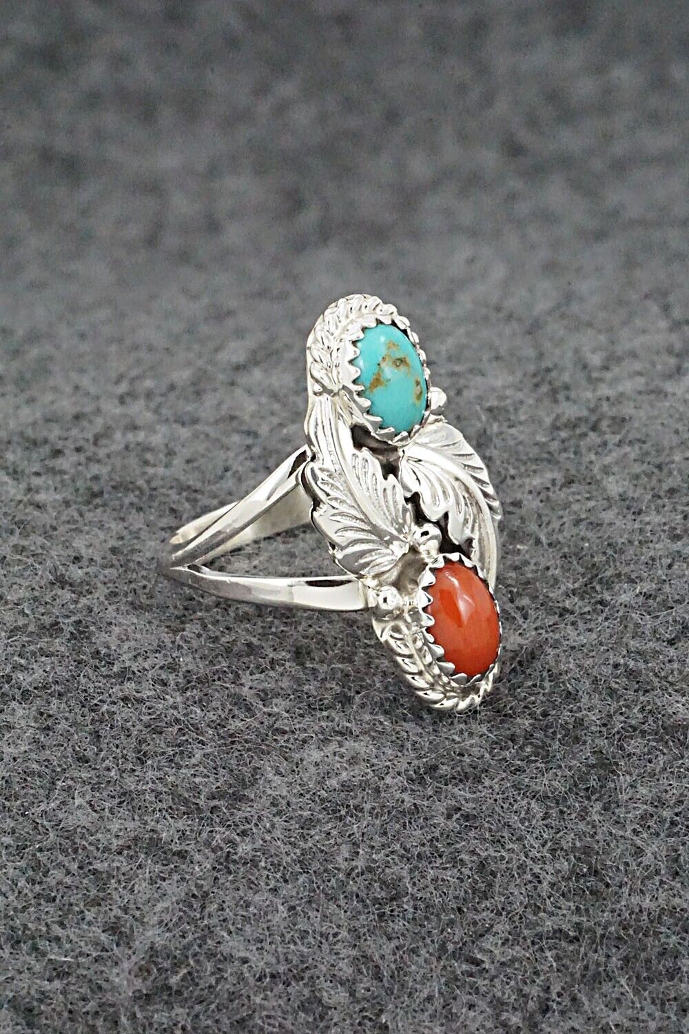 Turquoise, Coral & Sterling Silver Ring - Robert Martinez - Size 5.75