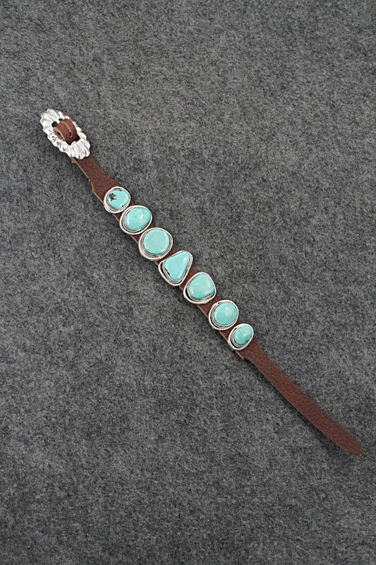 Turquoise, Sterling Silver & Leather Bracelet - Marlene Ramone