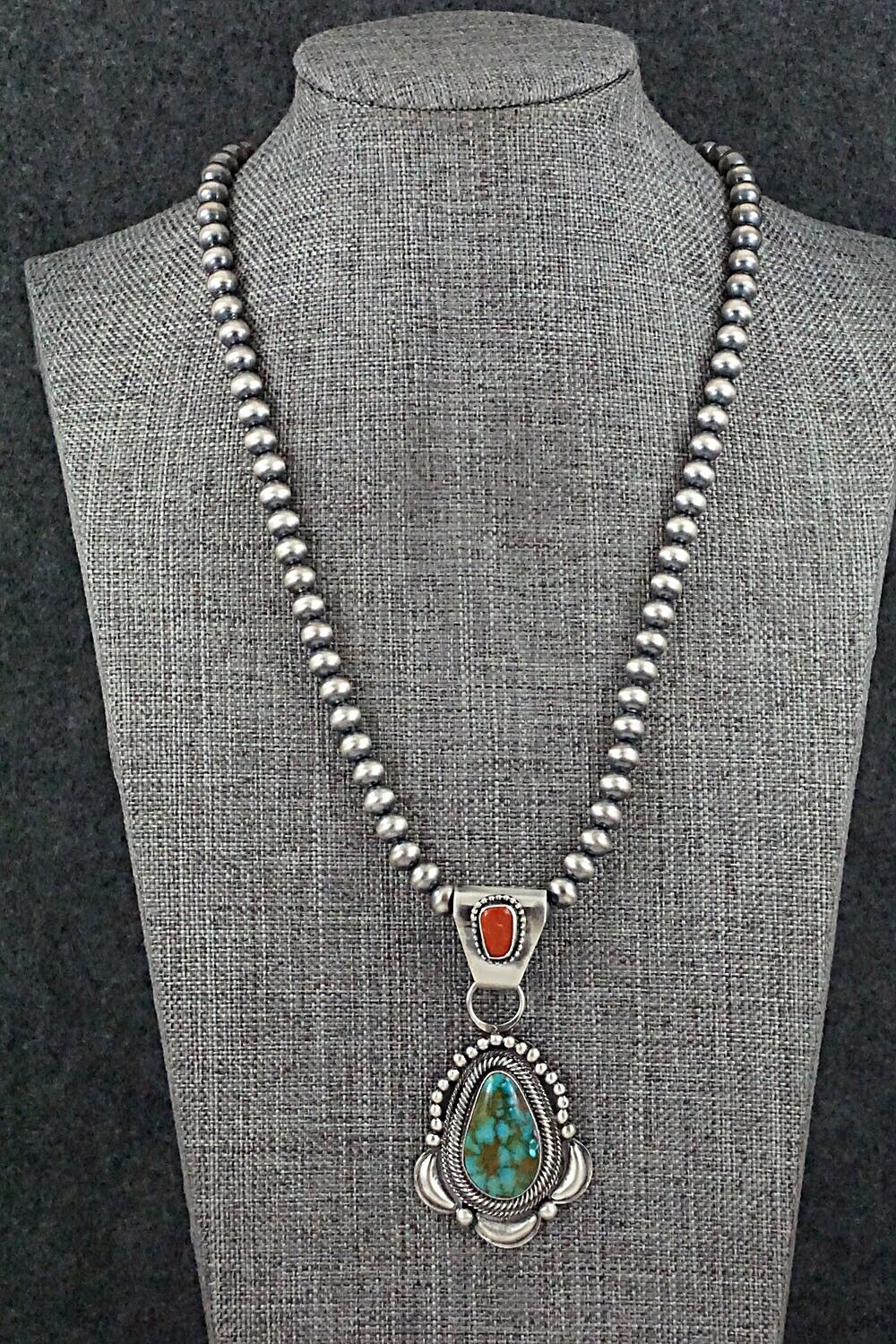 Turquoise, Coral & Sterling Silver Necklace - Tom Lewis
