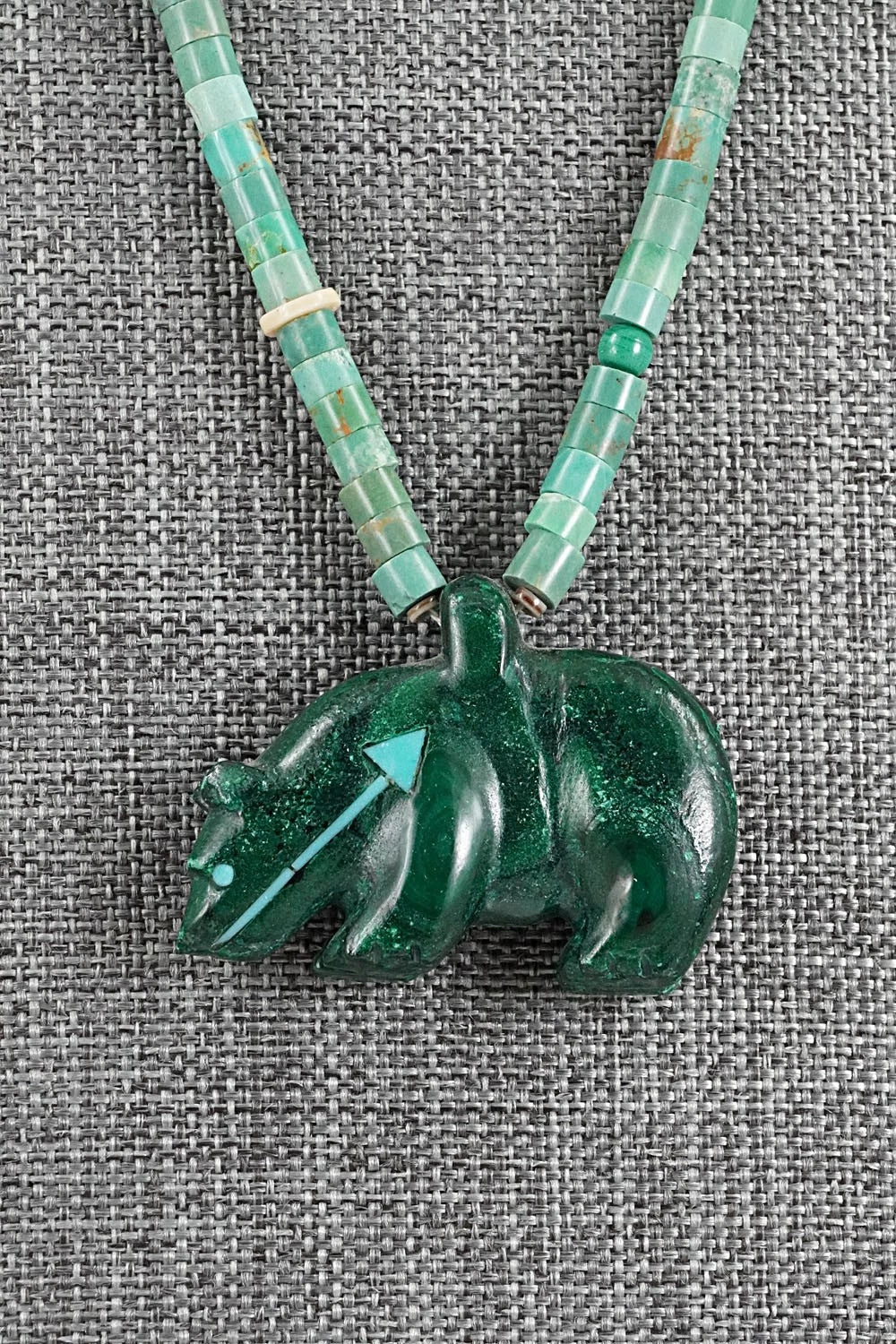 Turquoise & Sterling Silver Bear Zuni Fetish Necklace - Andres Quandelacy