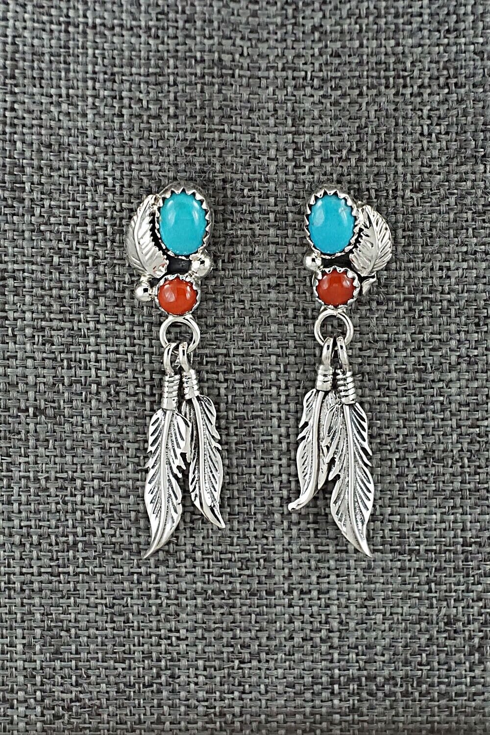 Turquoise, Coral & Sterling Silver Earrings - Annie Spencer