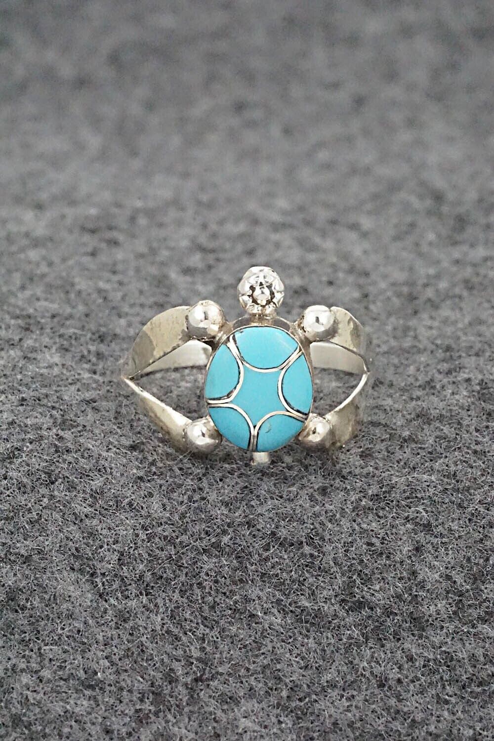 Turquoise & Sterling Silver Inlay Ring - Amelida Peynetsa - Size 9