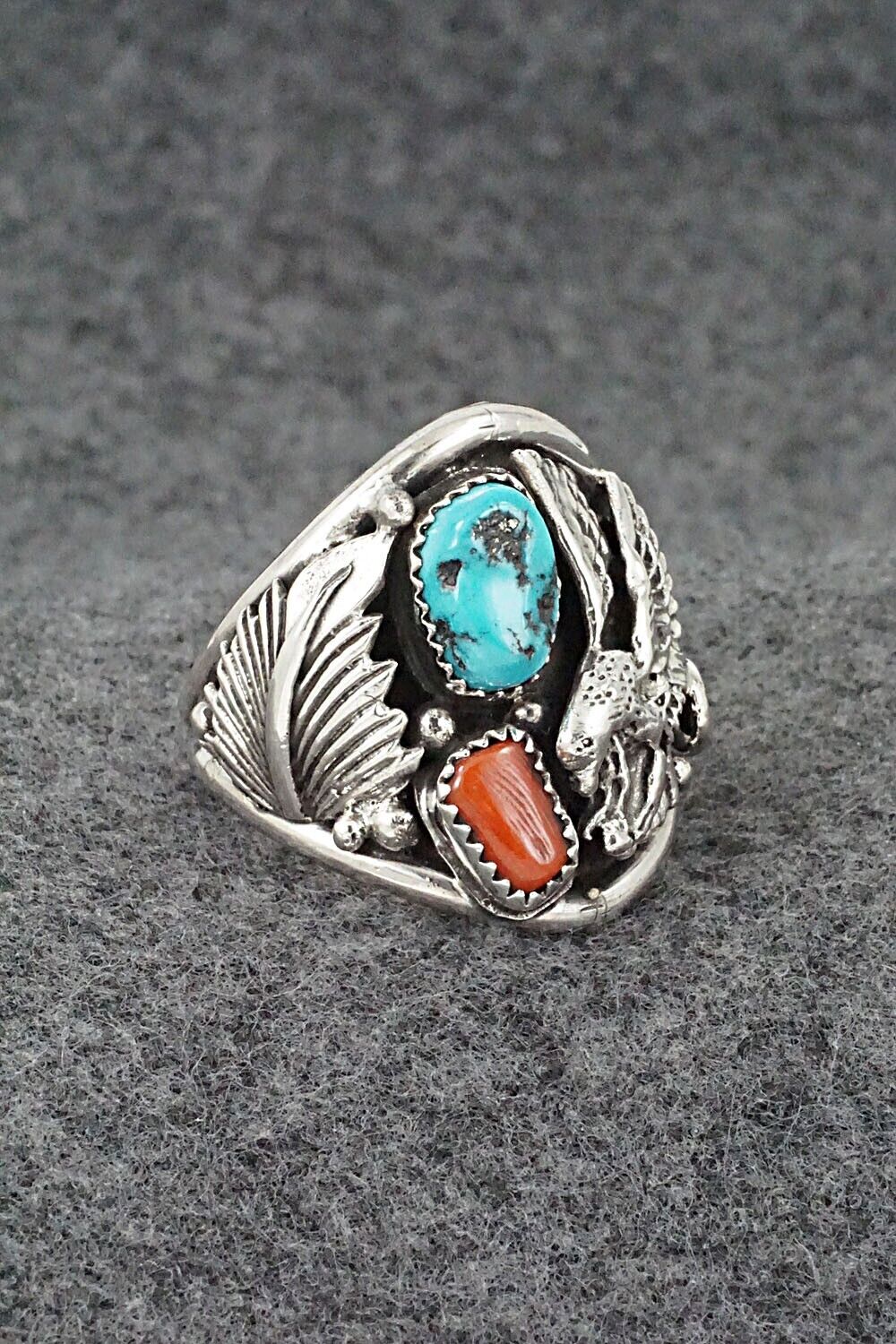 Turquoise, Coral & Sterling Silver Ring - Jeannette Saunders - Size 13.75