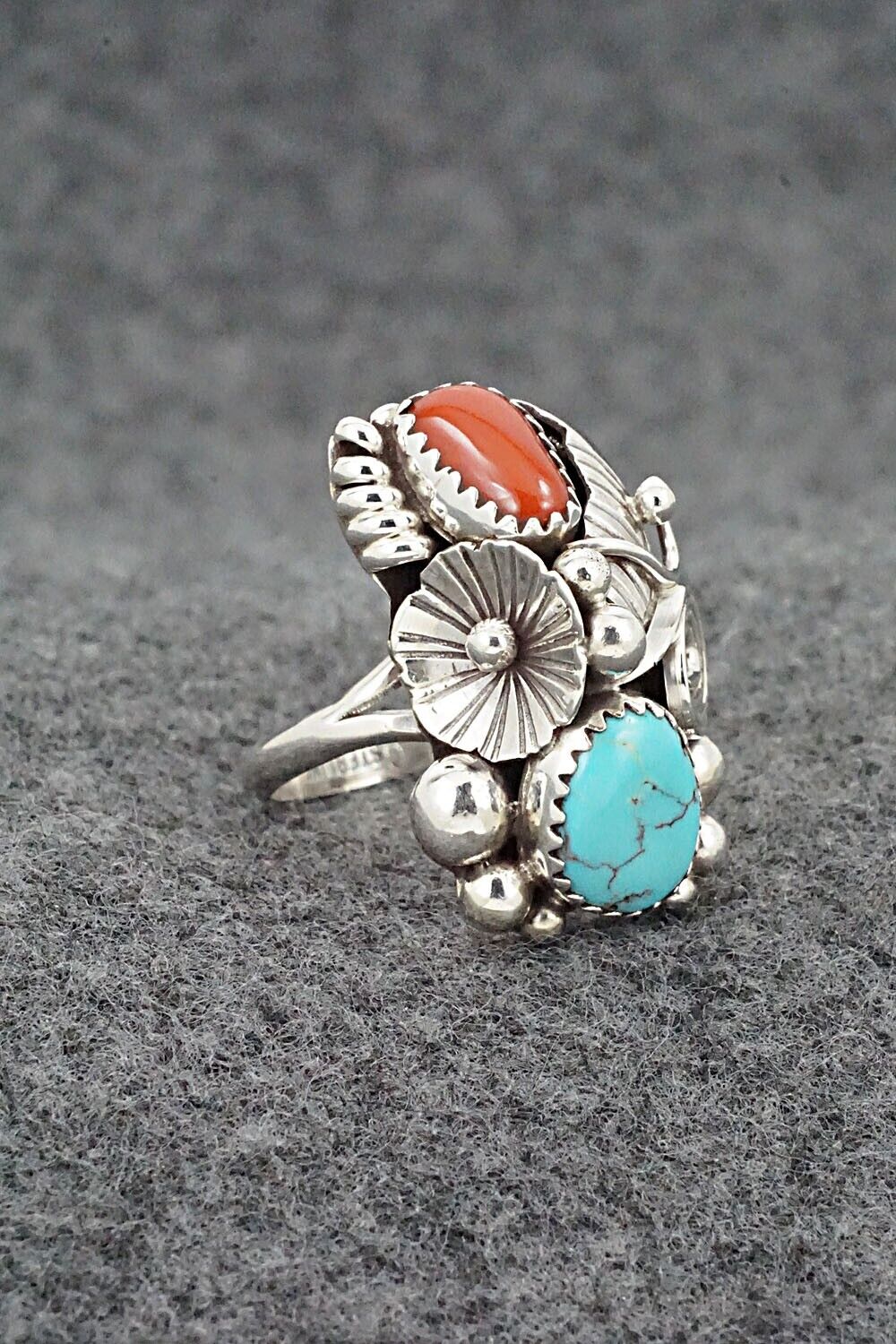 Turquoise, Coral & Sterling Silver Ring - Max Calladitto - Size 7.25
