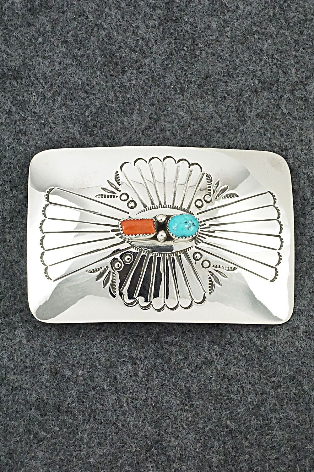 Turquoise, Coral & Sterling Silver Belt Buckle - Joann Silver