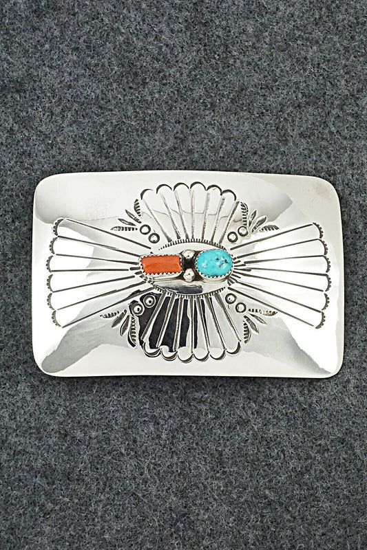 Turquoise, Coral & Sterling Silver Belt Buckle - Joann Silver