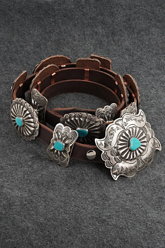 Turquoise, Sterling Silver & Leather Concho Belt - Marilyn Ramone