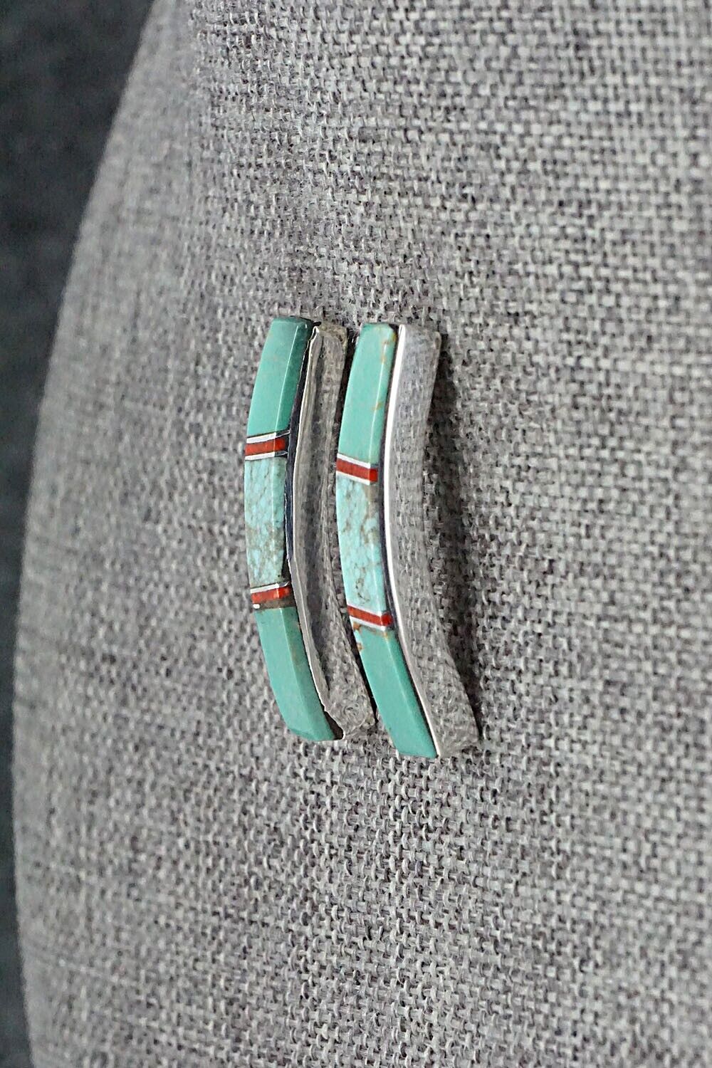 Turquoise, Coral & Sterling Silver Inlay Earrings - Marilyn Yazzie