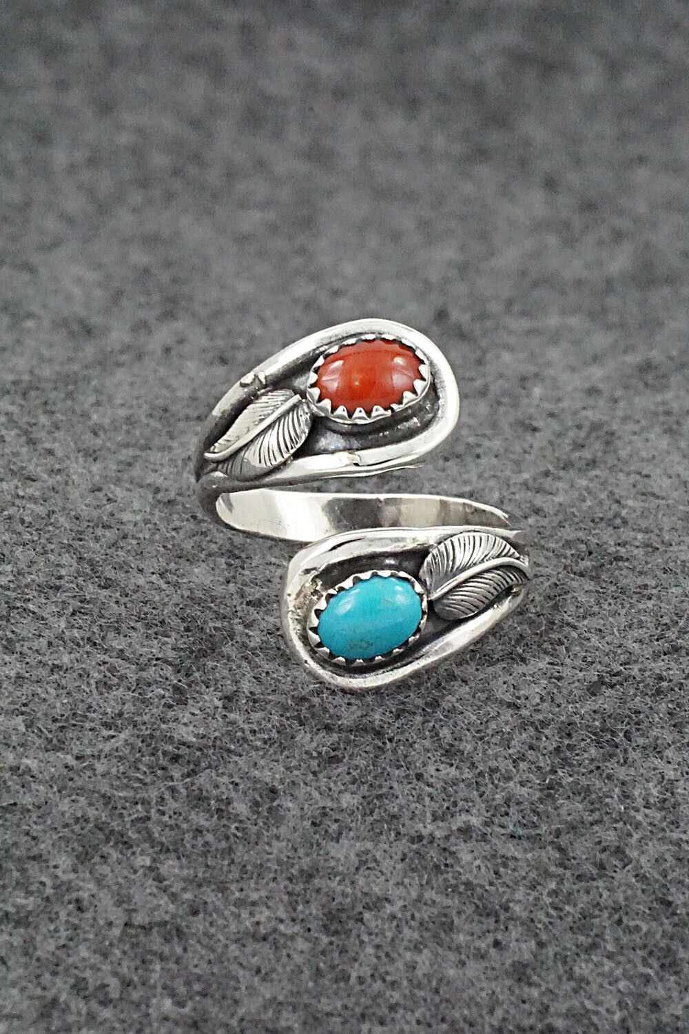 Turquoise, Coral & Sterling Silver Ring - Angela Platero - Size 7