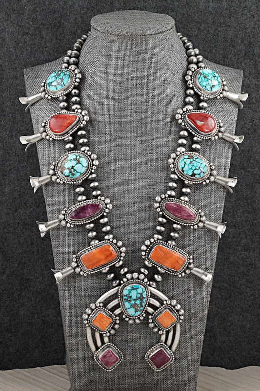 Turquoise, Spiny Oyster & Sterling Silver Squash Blossom Necklace - Tom Lewis