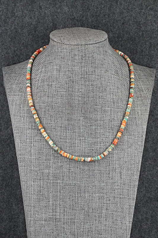 Turquoise, Spiny Oyster & Sterling Silver Necklace 17" - Doreen Jake