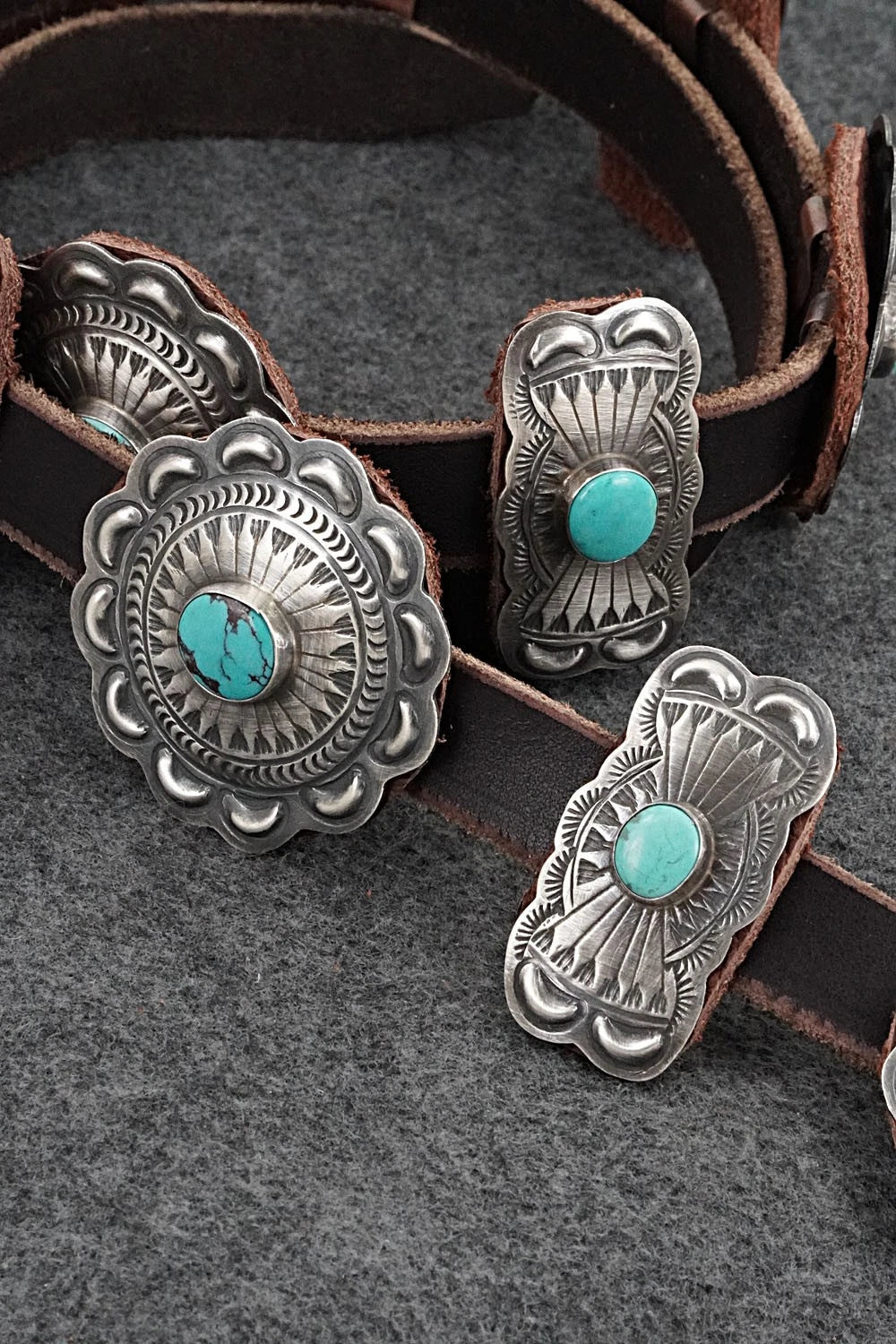 Turquoise, Sterling Silver & Leather Concho Belt - Dan Morgan