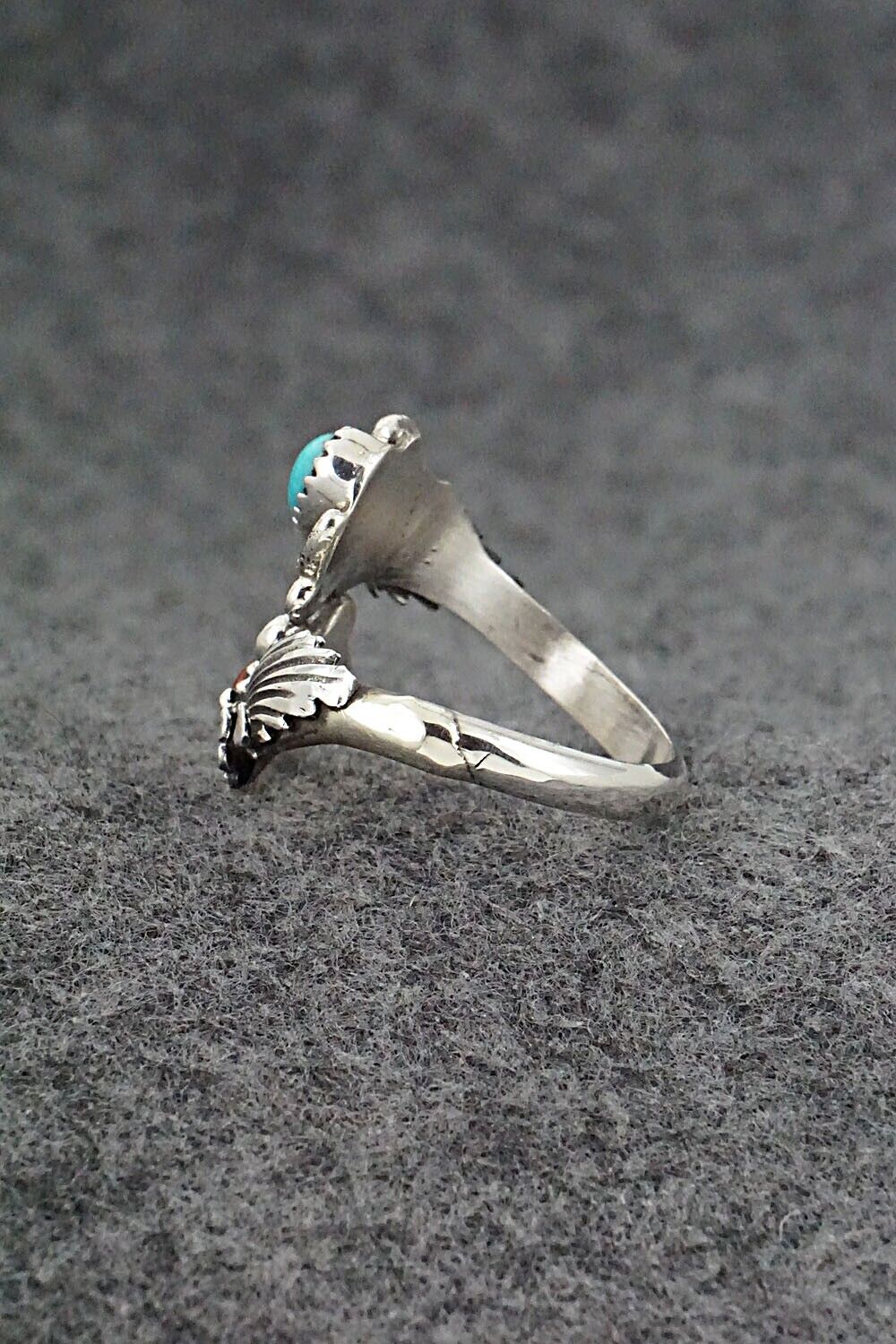 Turquoise, Coral & Sterling Silver Ring - Etta Belin - Size 10