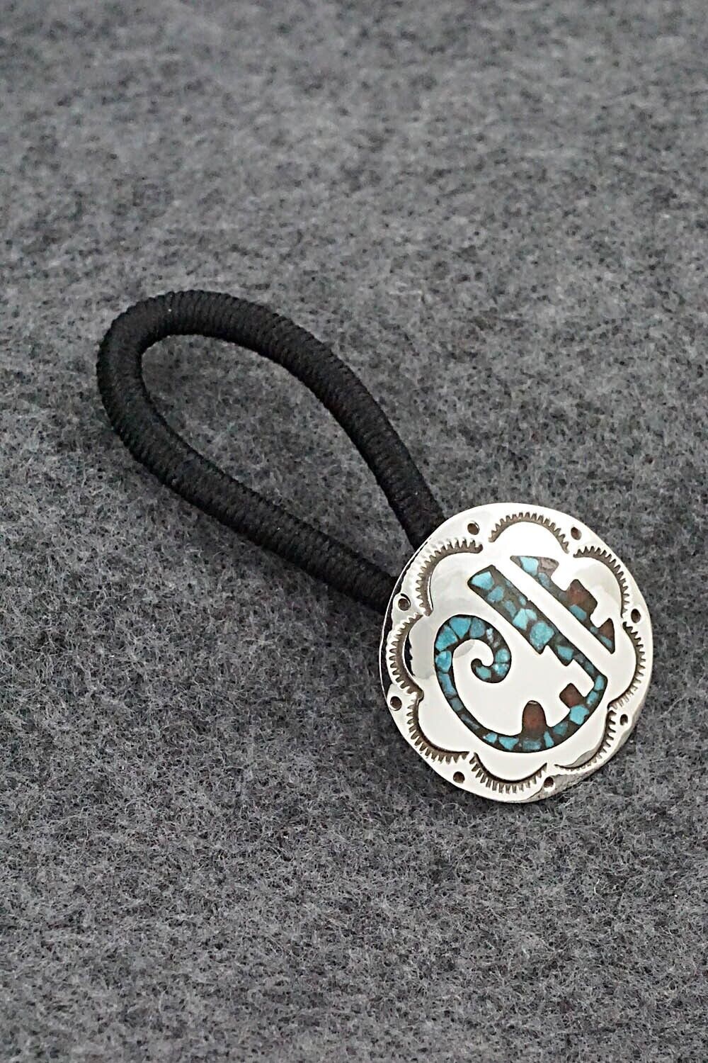 Turquoise, Coral Chip Inlay & Sterling Silver Hair Tie - Joleen Yazzie