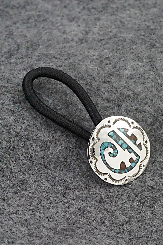 Turquoise, Coral Chip Inlay & Sterling Silver Hair Tie - Joleen Yazzie