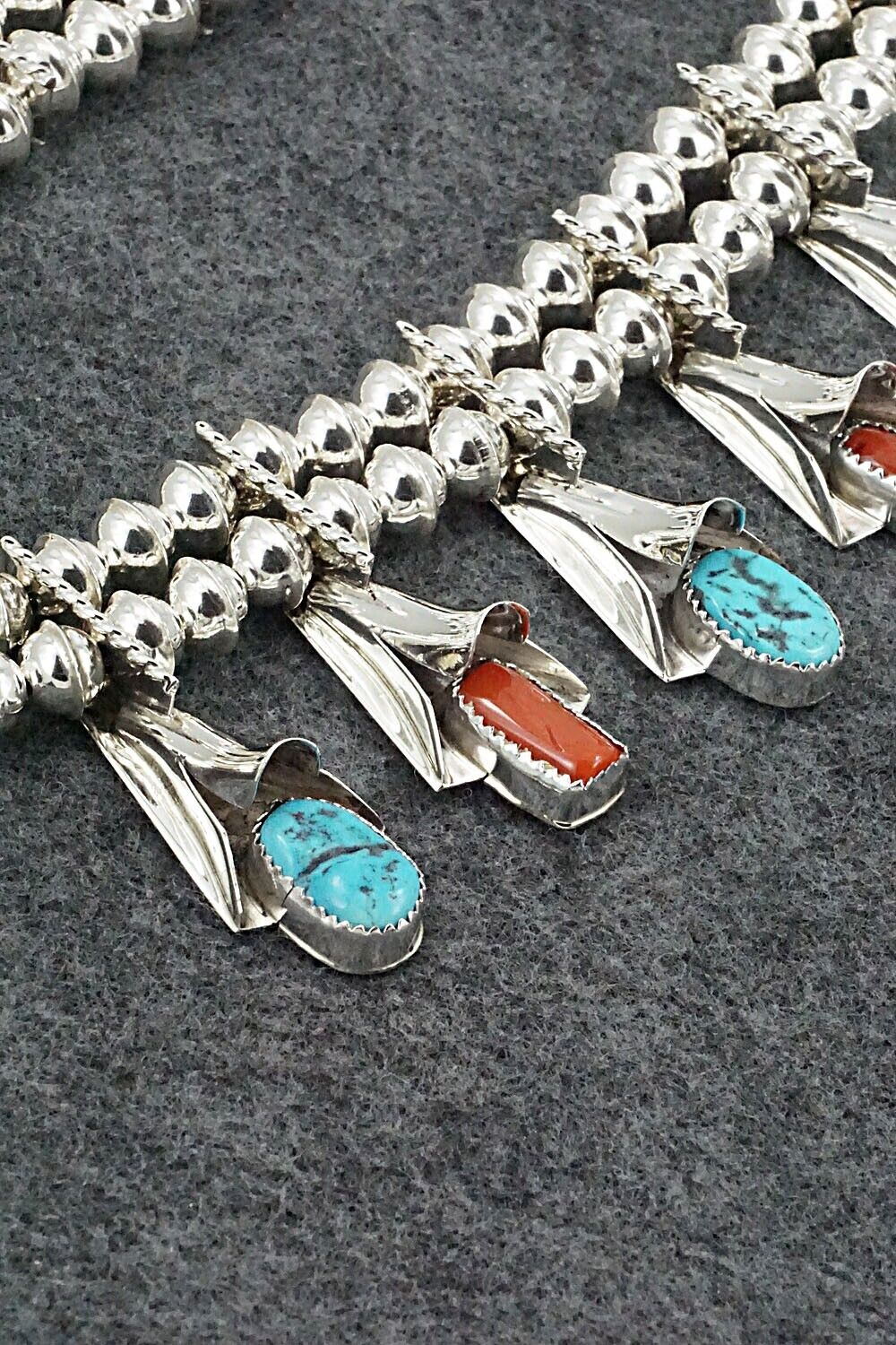 Turquoise, Coral & Sterling Silver Squash Blossom Set - Louise Yazzie