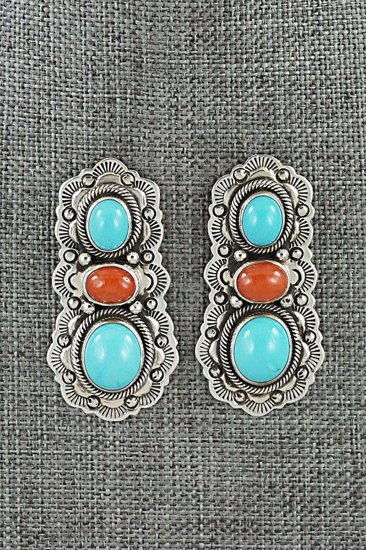Turquoise, Coral & Sterling Silver Earrings - Bernyse Chavez