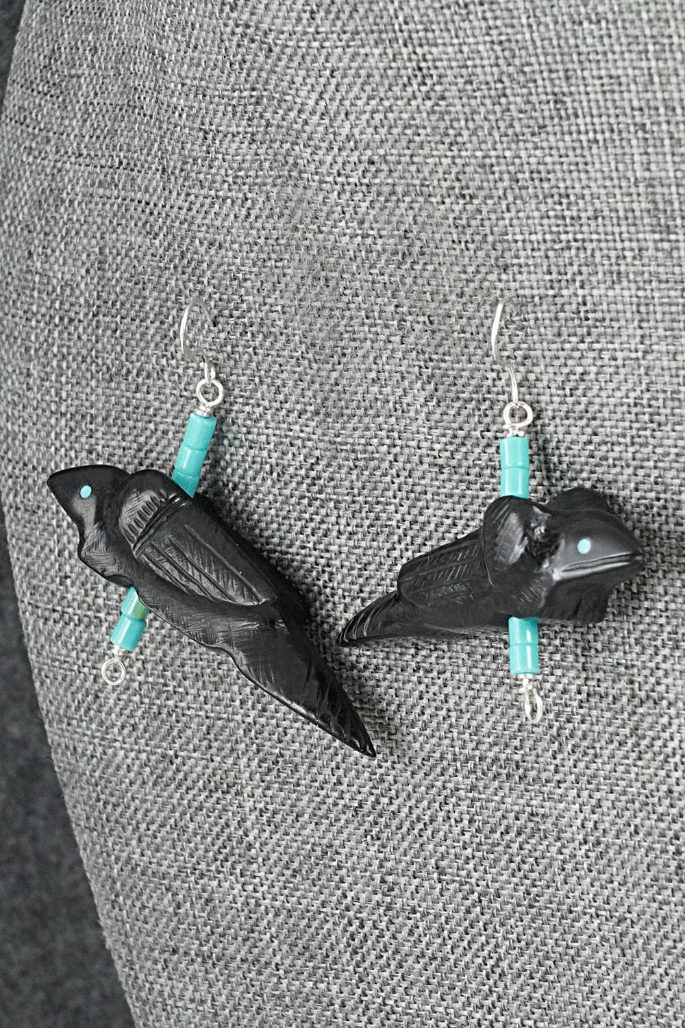 Turquoise, Jet Zuni Fetish & Sterling Silver Earrings - Herbert Halate
