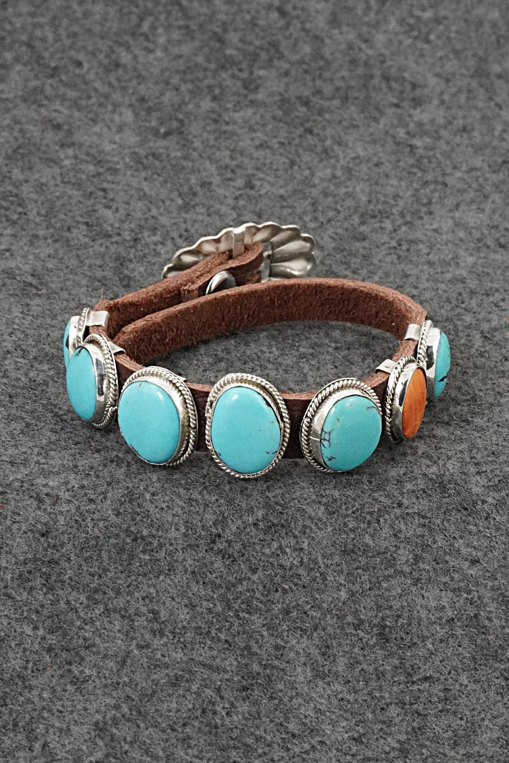 Turquoise, Spiny Oyster, Sterling Silver & Leather Bracelet - Rosita Charlie