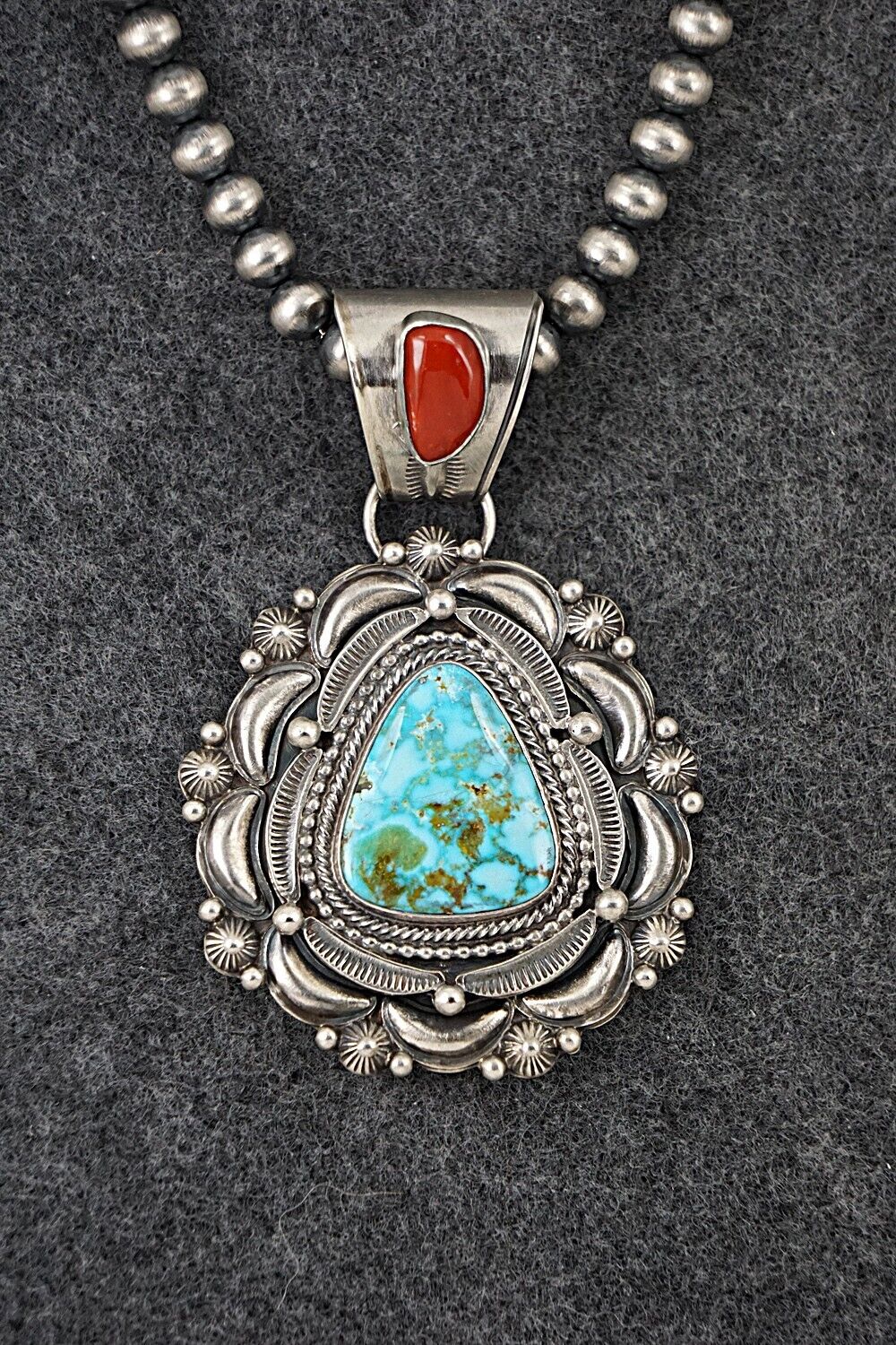 Turquoise, Coral & Sterling Silver Necklace - Tom Lewis