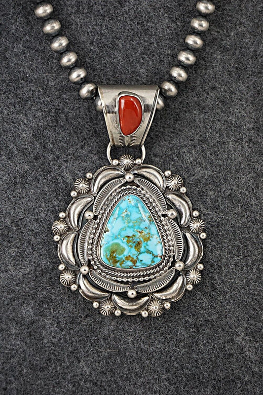 Turquoise, Coral & Sterling Silver Necklace - Tom Lewis