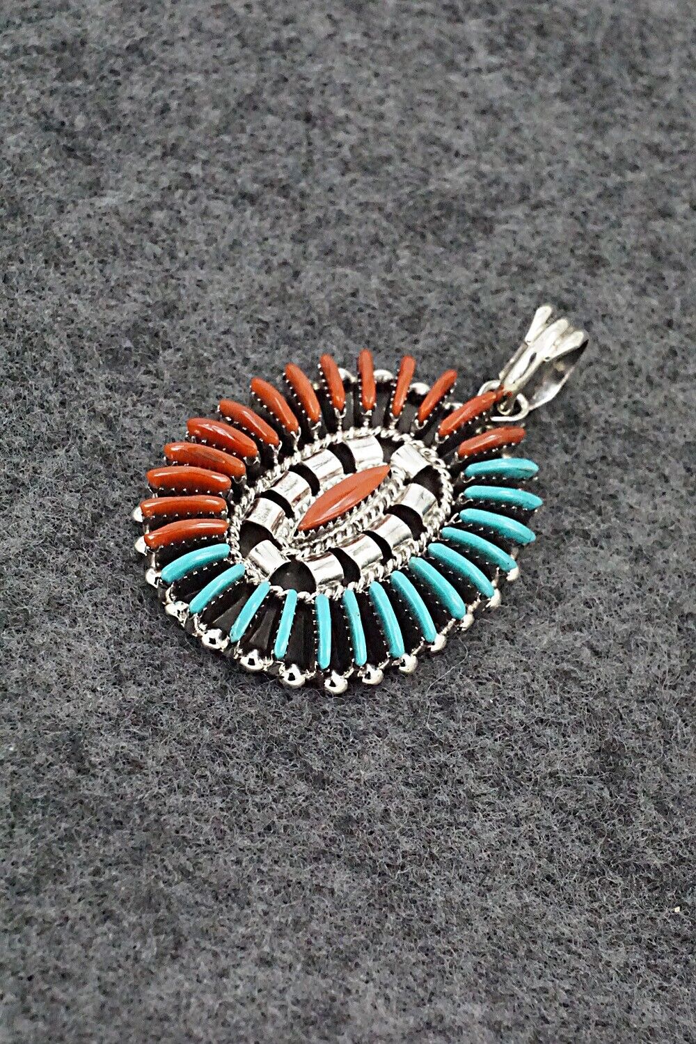 Turquoise, Coral & Sterling Silver Pendant - Edmund Cooeyate