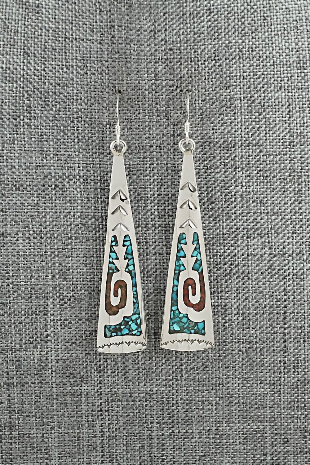Turquoise, Coral Chip & Sterling Silver Earrings - Joleen Yazzie