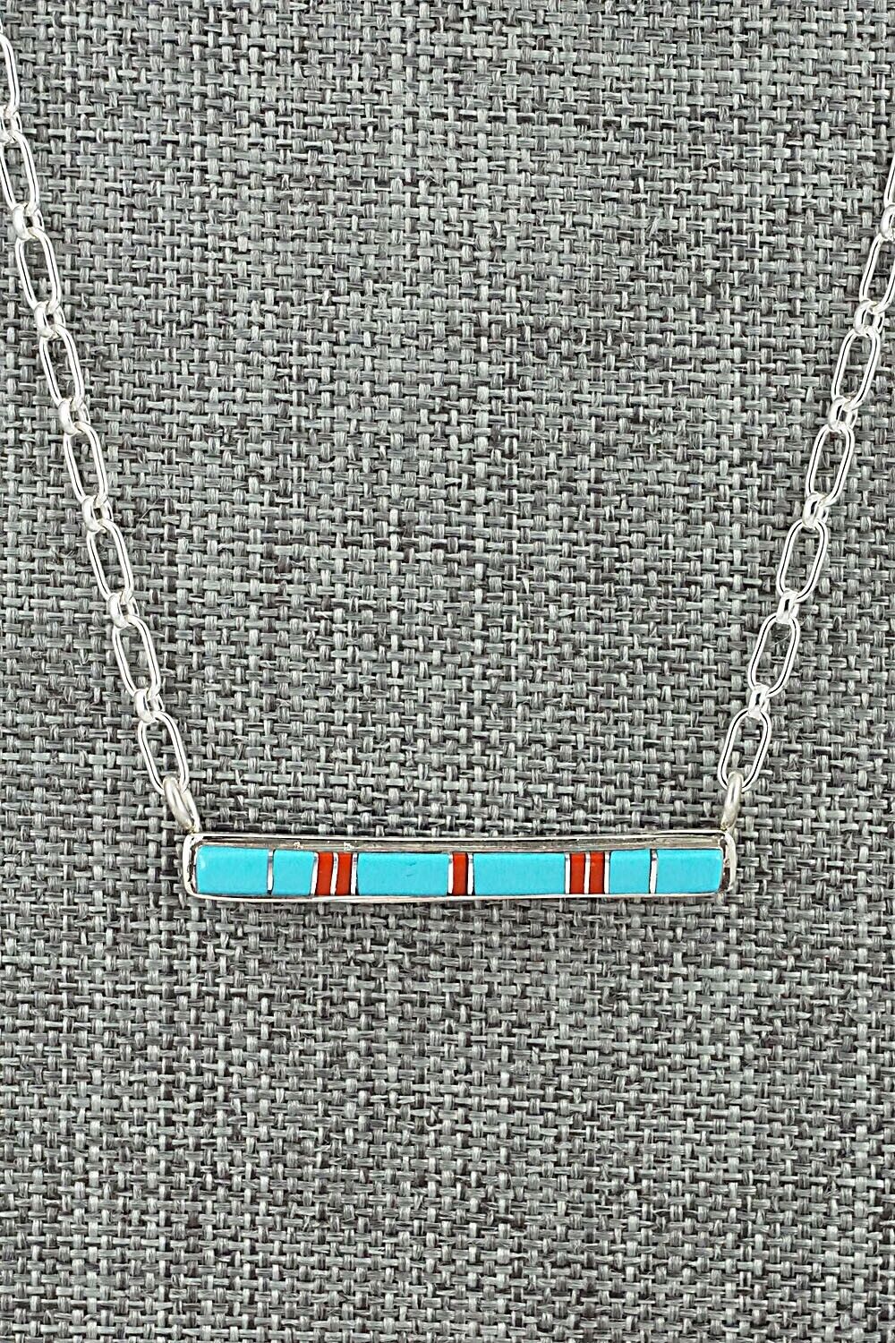 Turquoise, Coral & Sterling Silver Inlay Necklace - Roland Natachu