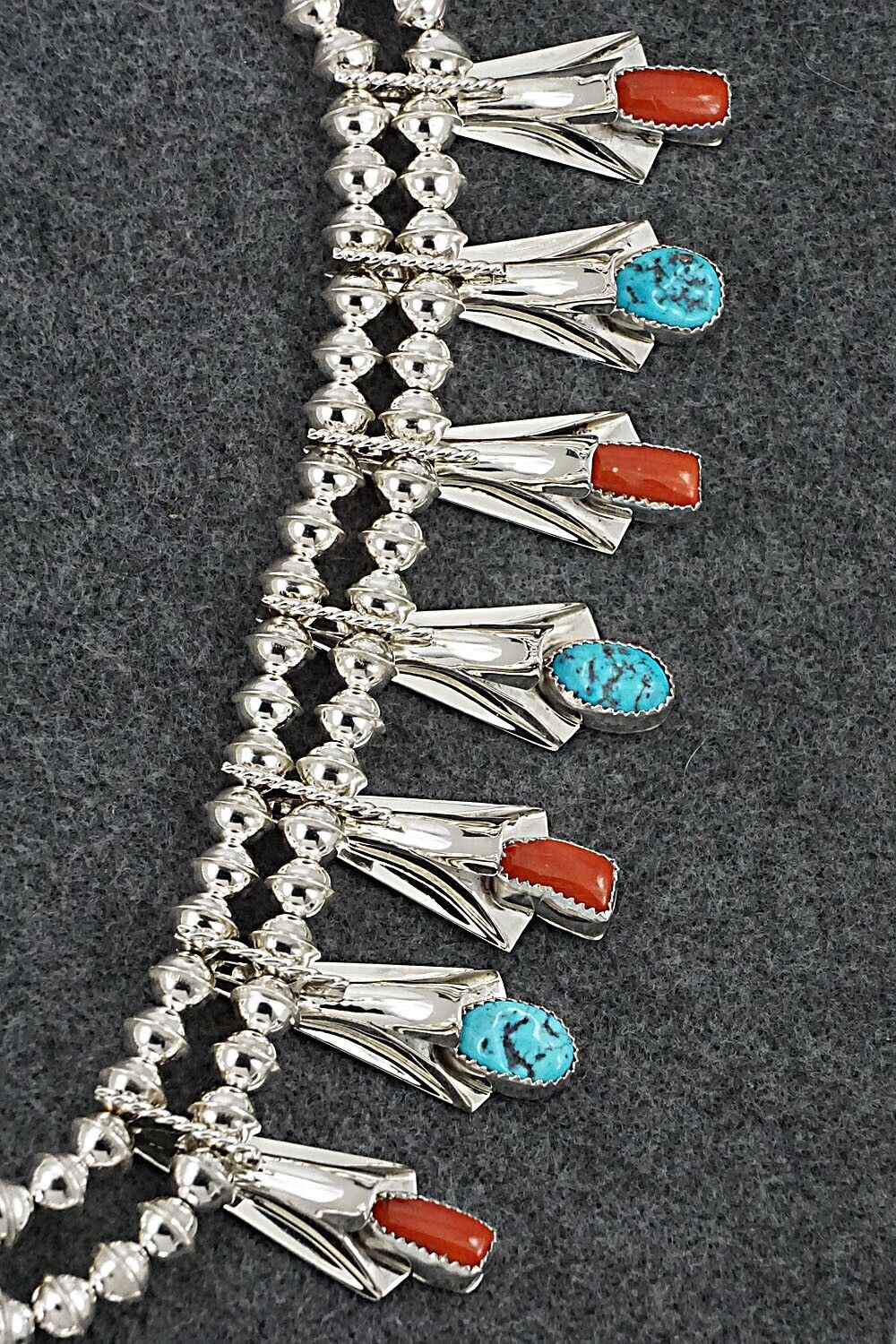 Turquoise, Coral & Sterling Silver Squash Blossom Set - Louise Yazzie