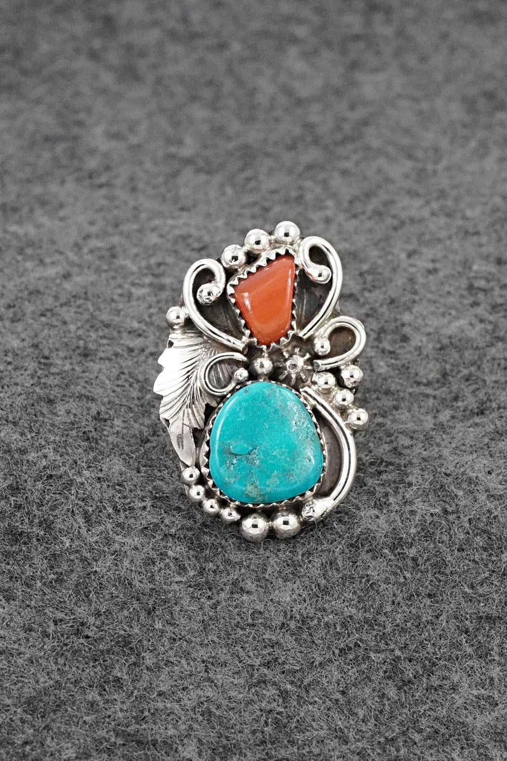 Turquoise, Coral & Sterling Silver Ring - Herbert Begaye - Size 8