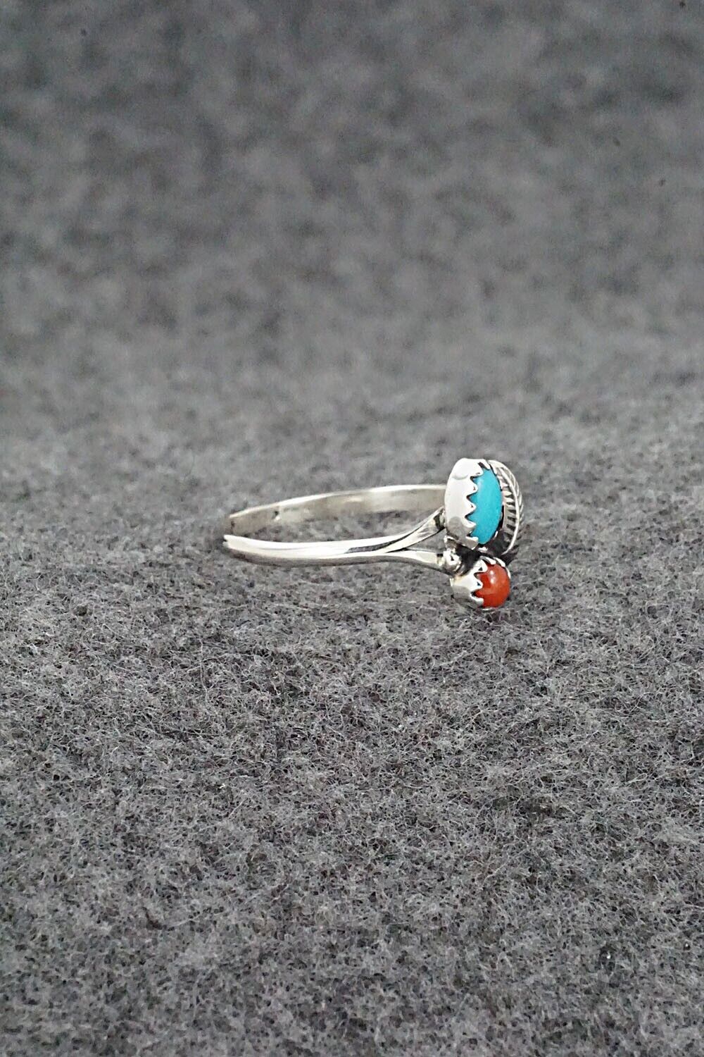 Turquoise, Coral & Sterling Silver Ring - Betty Hawthorne - Size 7.75