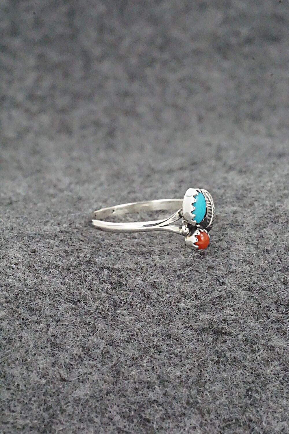 Turquoise, Coral & Sterling Silver Ring - Betty Hawthorne - Size 6.75