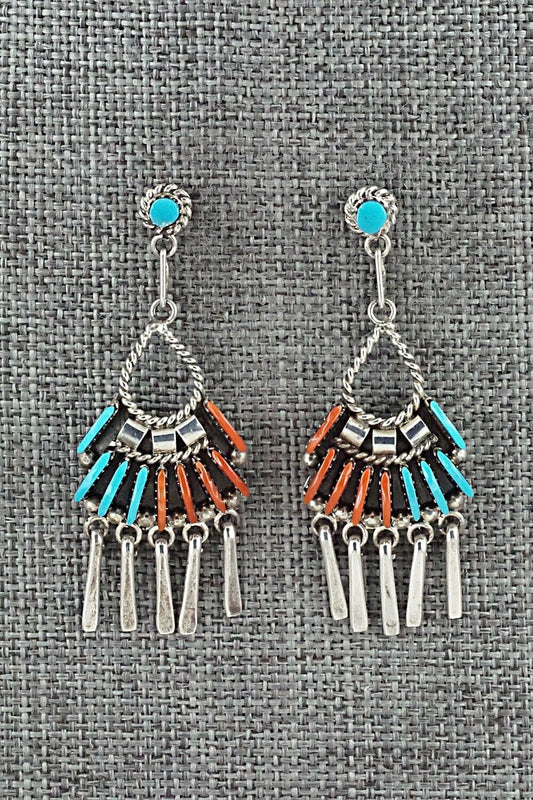 Turquoise, Coral & Sterling Silver Earrings - Edmund Cooeyate