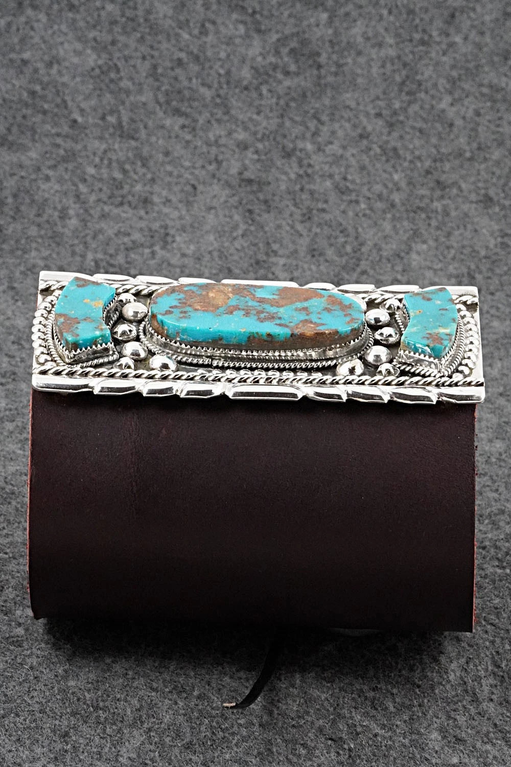 Turquoise, Sterling Silver & Leather Bracelet - Griffin Tsabetsaye Jr.