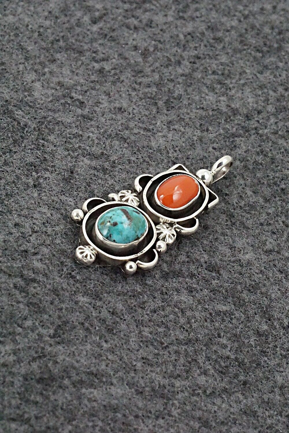 Turquoise, Coral & Sterling Silver Pendant - Roger Lewis