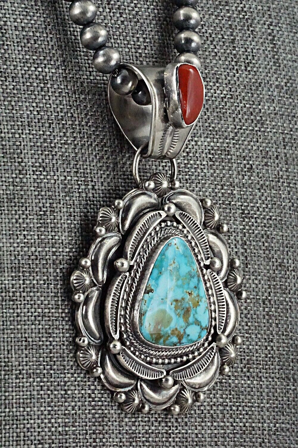 Turquoise, Coral & Sterling Silver Necklace - Tom Lewis