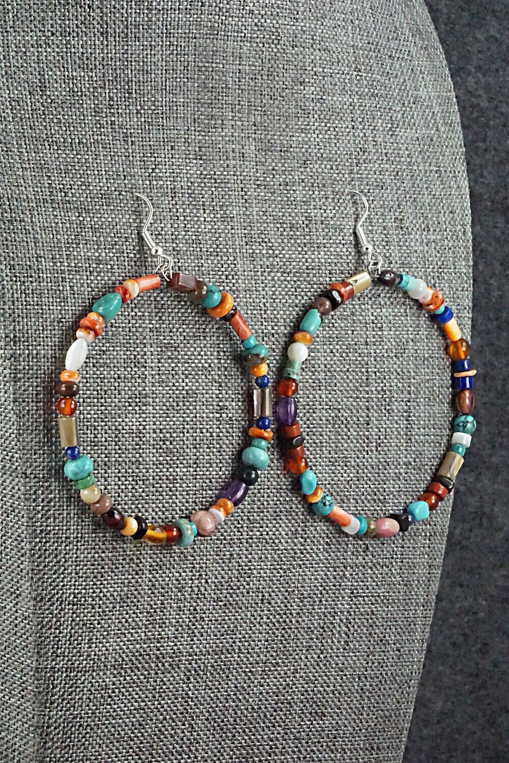 Multi Stone & Sterling Silver Hoop Earrings - Helen Tsosie