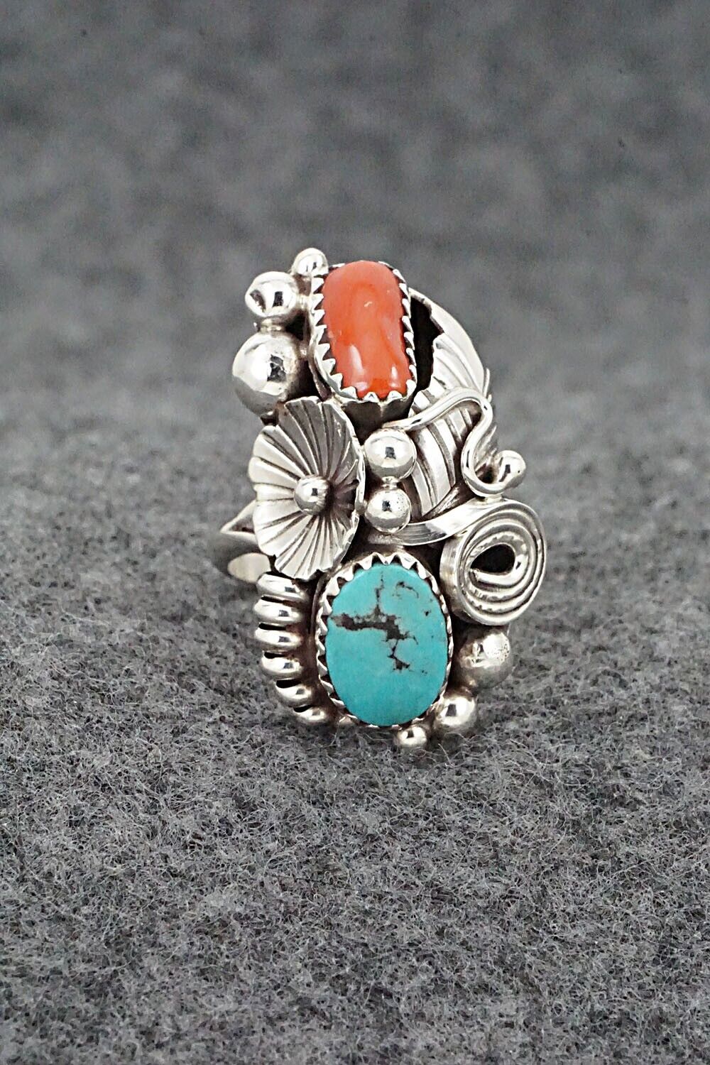 Turquoise, Coral & Sterling Silver Ring - Max Calladitto - Size 5.5